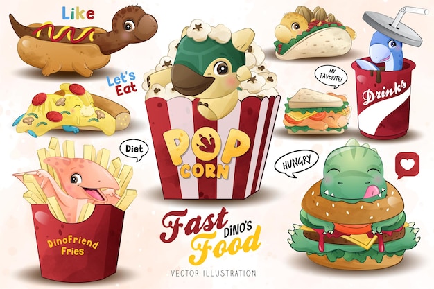 Vettore adorabile collezione di fast food di dinosauri con illustrazione ad acquerello