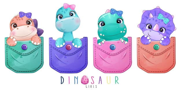 Adorable dinosaurs pocket collection with watercolor illustration