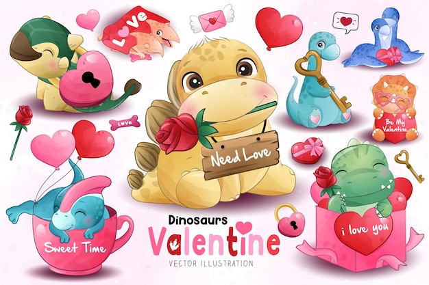 Vector adorable dinosaurs valentine collection with watercolor illustration