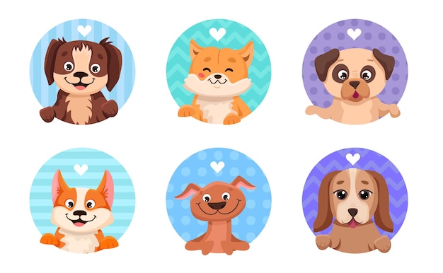 Vector adorable dog avatar icons with hearts and colorful backgrounds for profile cute pet faces