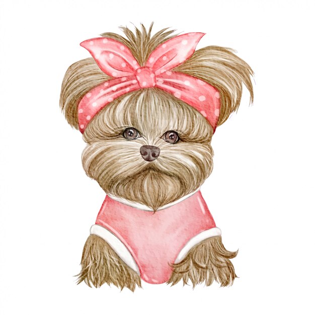 Adorable dog cute with ribbon red watercolor illustration