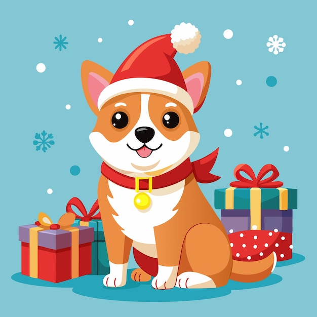 adorable dog in santa hat with christmas gifts and snowflakes