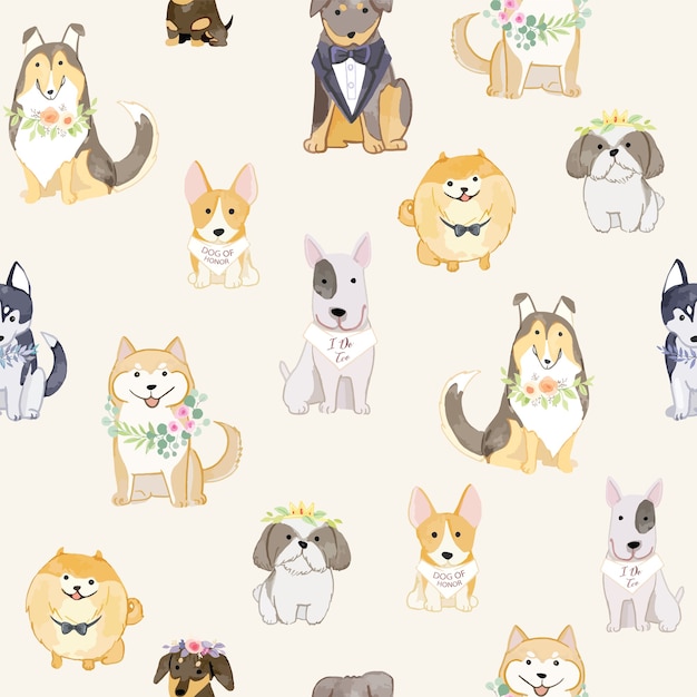 Adorable dogs wearing wreathes seamless pattern.