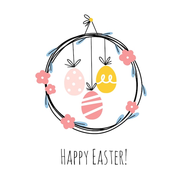Vector adorable easter floral wreath decorated with flowers and painted eggs