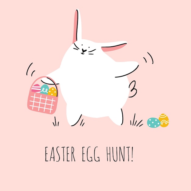 Adorable eastern bunny with basket is going to easter egg hunt