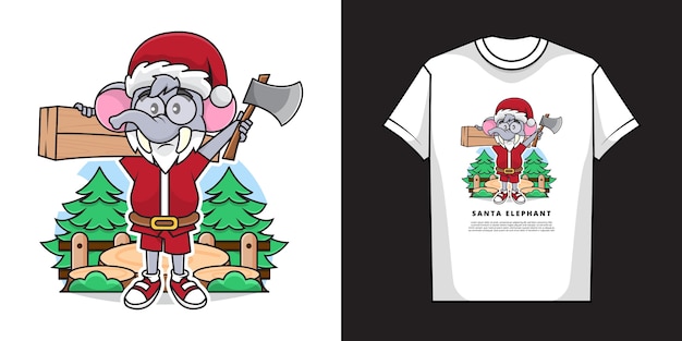 산타 클로스 의상을 입고 T 셔츠 모형 디자인으로 도끼를 들고 사랑스러운 코끼리 목수