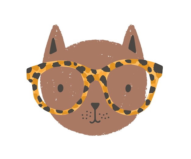 Adorable face or head of cat wearing glasses. funny cartoon muzzle of kitten isolated on white background. childish colorful vector illustration in flat style for baby t-shirt or sweatshirt print.