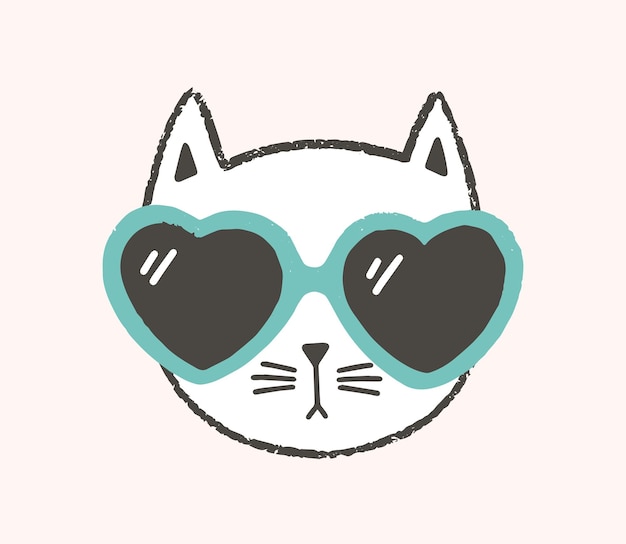 Adorable face or head of cat wearing heart-shaped sunglasses isolated on white background. Portrait of stylish kitten. Flat cartoon vector illustration in flat style for children sweatshirt print.