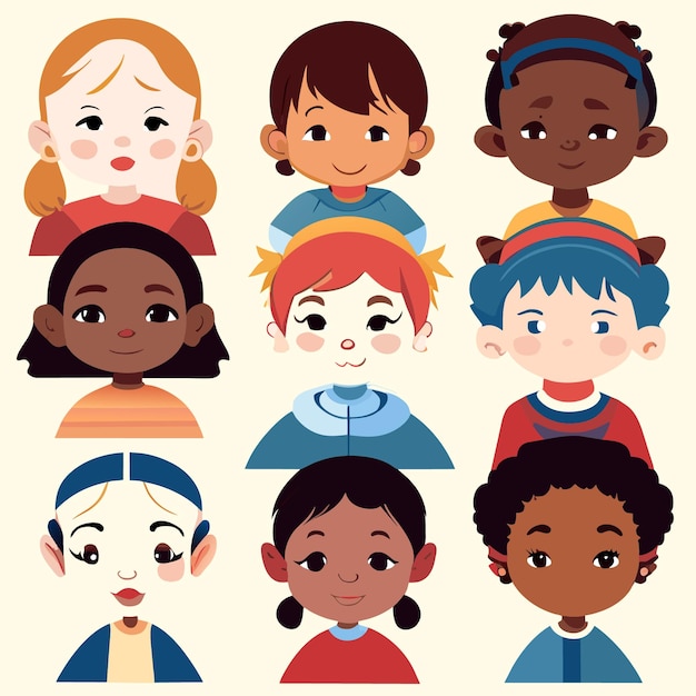 Vector adorable flat design multicultural kids on a white background full of smiles