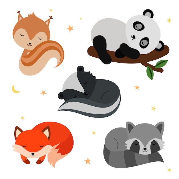 Adorable flat sleeping animals set.