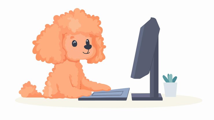 Vector adorable fluffy toy poodle using a computer with a curious look