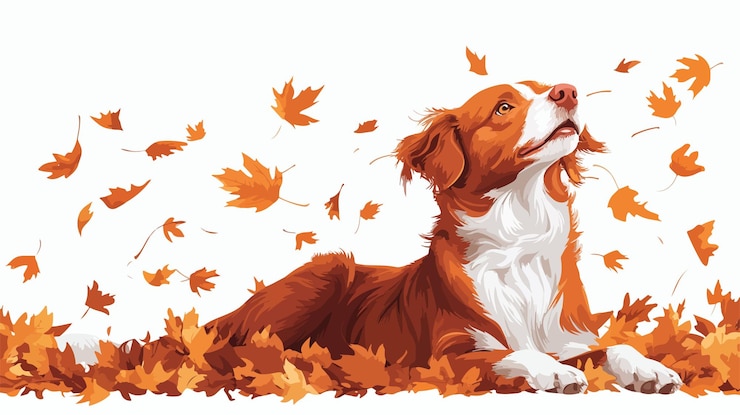 Vector adorable funny dog playing in autumn leaves cute pet photography