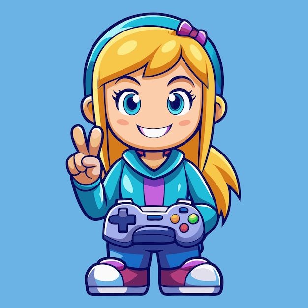 adorable gamer girl joyfully holding controller with peace gesture