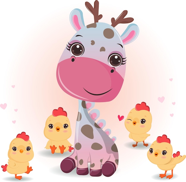 adorable Giraffe and Little Chickens are playing Vector