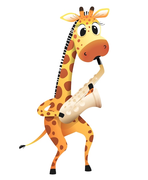 Adorable giraffe playing saxophone in a cute cartoon illustration for kids Funny animal character play musical instrument for kids Children character Illustration vector clipart in watercolor style