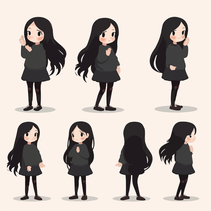 Vector adorable girl in black clothes cartoon illustration