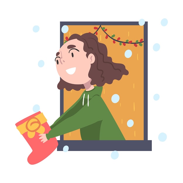 ベクトル 窓の外を眺める可愛い女の子 クリスマス・ストッキングを贈ったり受け取ったり クリスマスと新年を祝う 冬の祝い 概念ベクトルイラスト