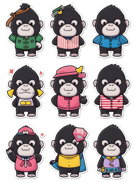 Adorabile gorilla digital stickers set di 9 immagini di clip