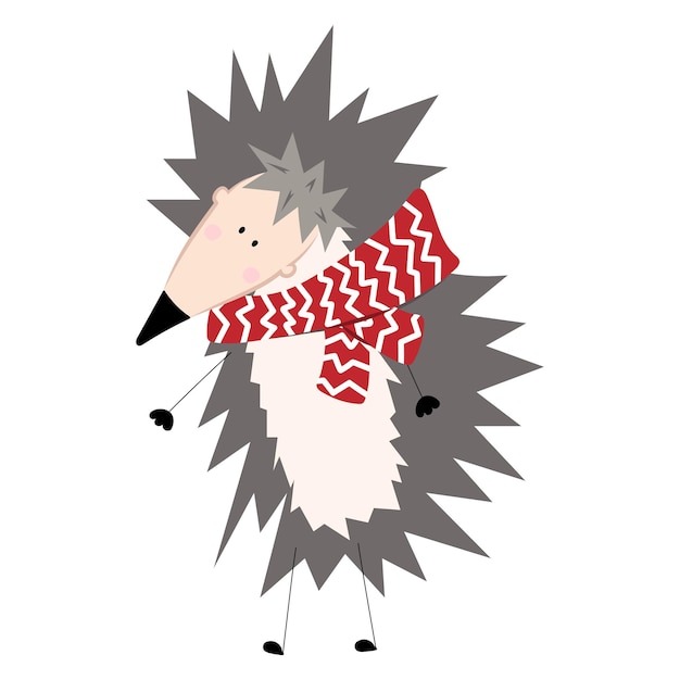 Vector adorable gray hedgehog in striped scarf in flat style vector clip art for christmas or new year