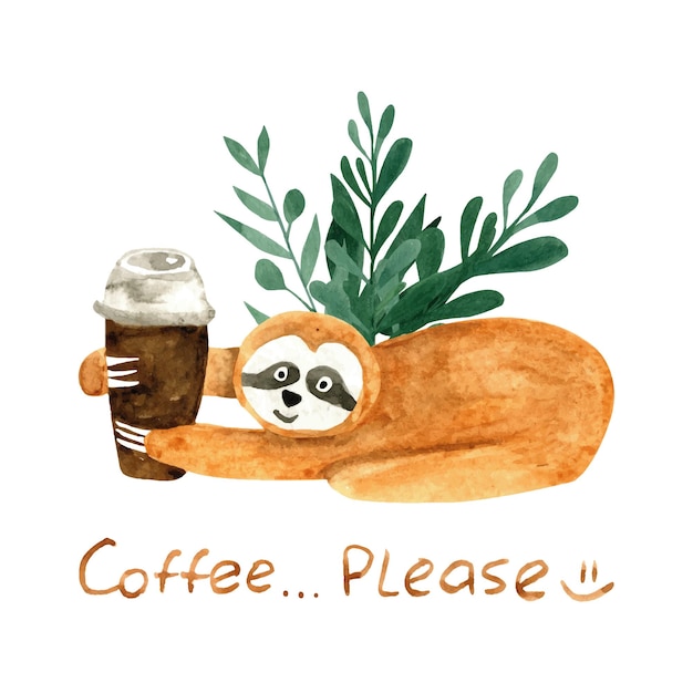 Adorable hand painted watercolor sloth with coffee