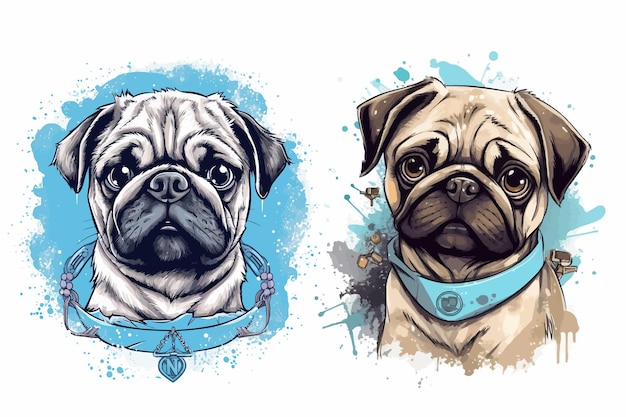 Adorable HandDrawn Pug Illustrations Two Expressive and Detailed Portraits of Cute Pugs with Stylish Collars Set Against Artistic Splatter