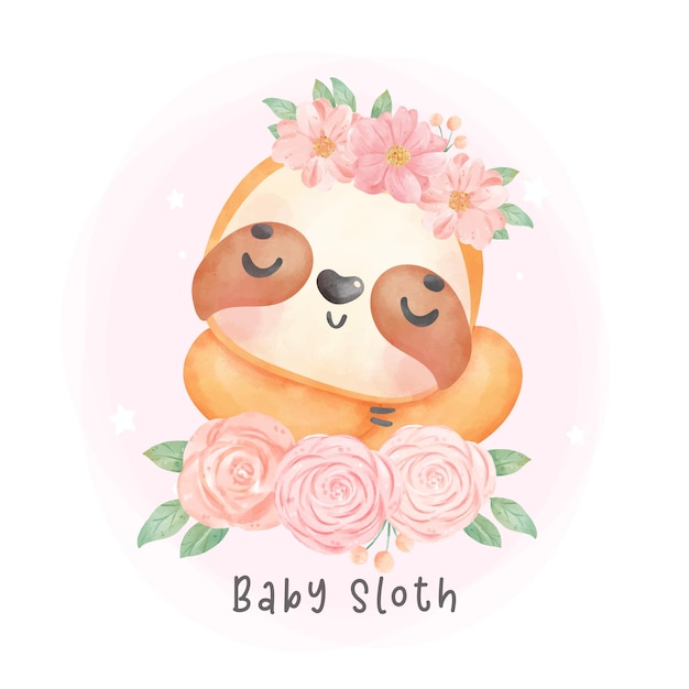 Adorabile sorriso felice bambino pigro che dorme nei fiori cartone animato acquerello vivaio illustrazione