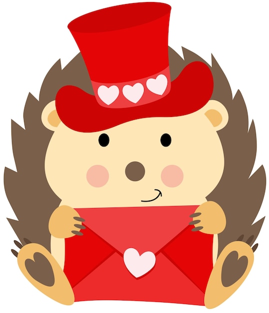 Adorable hedgehog with red hat holding a valentine letter envelope