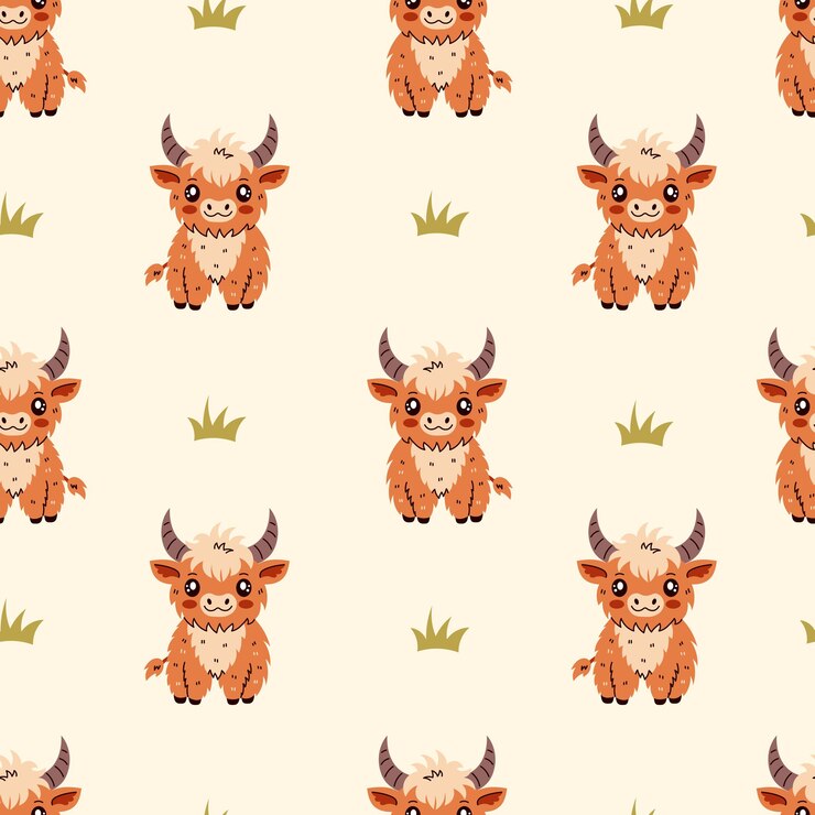 Adorable highland cow seamless pattern