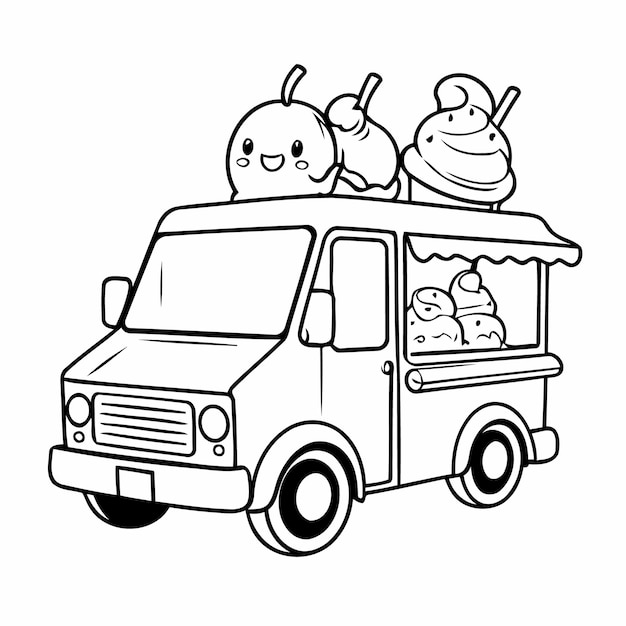 ベクトル 子供のための可愛いアイスクリームトラックのドゥードルページ