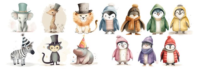 Adorable Illustrated Animals in Winter Attire HandDrawn Elephants Giraffes Lions Monkeys Hippos Zebras Penguins in Hats and Winter