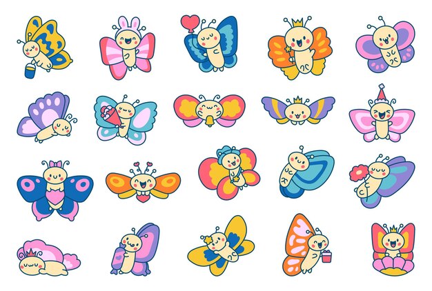 Vector adorable kawaii baby butterflies cute cartoon insects with wings hand drawn style