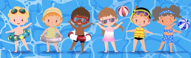 Vector adorable kid wearing swimsuit having fun in summer