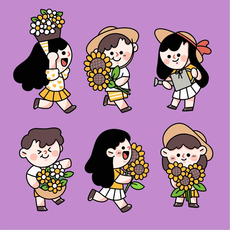 Adorable Kids Playing At Flower Garden Characters Doodle Illustration Set