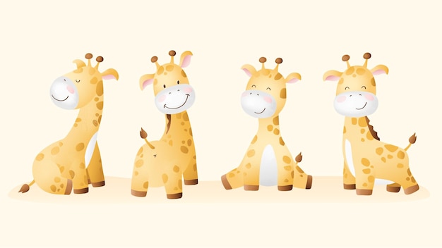Vettore adorabile stampa per bambini con baby giraffes pose safari animale fauna africana per baby shower