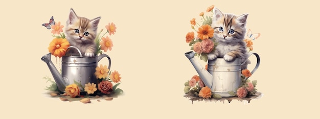 Adorable Kittens in Watering Cans Surrounded by Beautiful Blooms and Butterflies Perfect for Spring or PetThemed