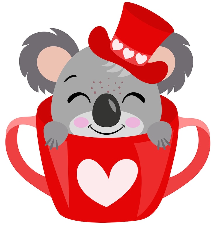 Vector adorable koala with red hat inside the red teacup