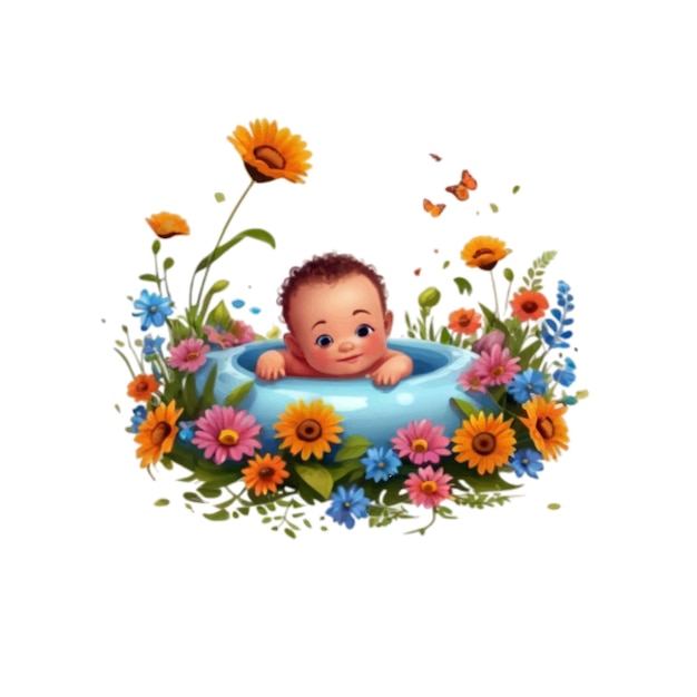 Adorable little baby taking bath adorned with natural flowers vector artwork isolated on white