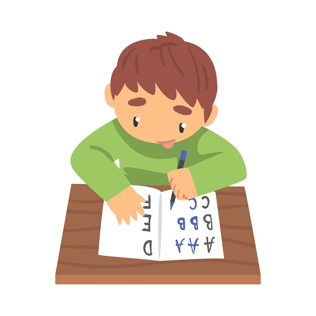 adorable little boy learning to write elementary school student writing english letters in notebook cartoon vector illustration