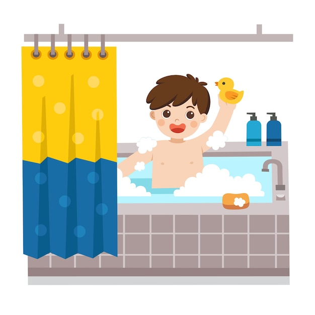 Vector adorable little boy taking a bath in bathtub with lot of soap lather and rubber duck.