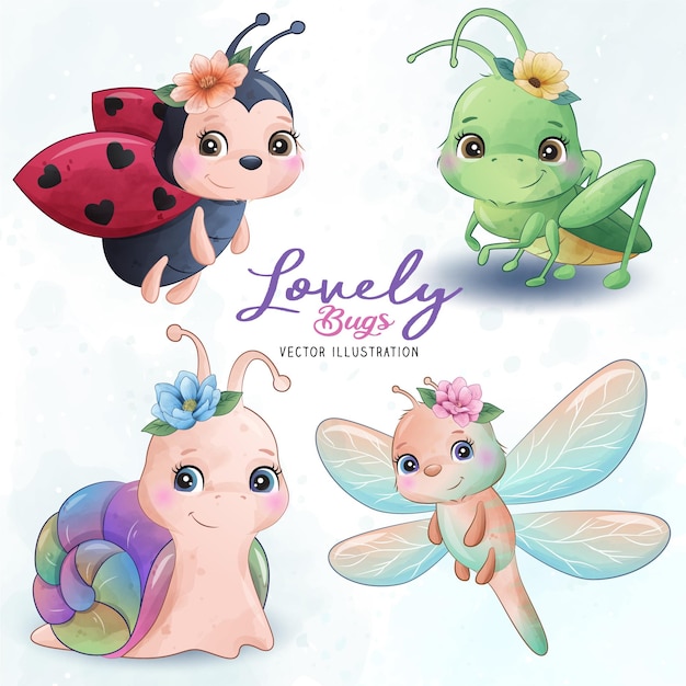 Adorable little bugs collection with watercolor illustration