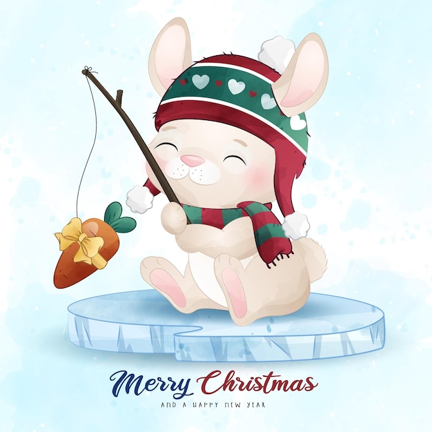 ベクトル 愛らしい小さなうさぎのメリークリスマス 水彩画イラスト