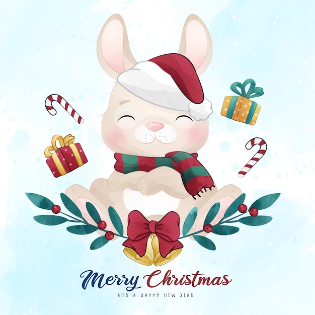 Vector adorable little bunny merry christmas with watercolor illustration