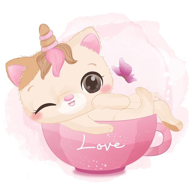 수채화 그림에서 사랑스러운 작은 고양이 유니콘