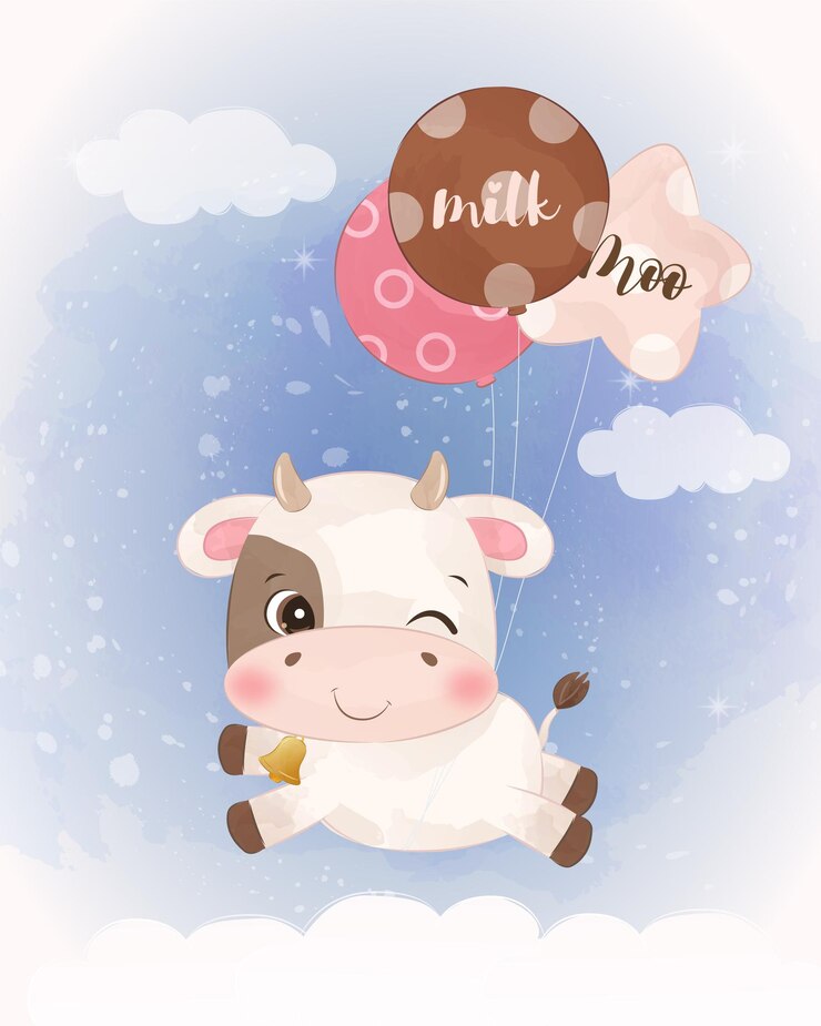 Vector adorable little cow illustration set in watercolor