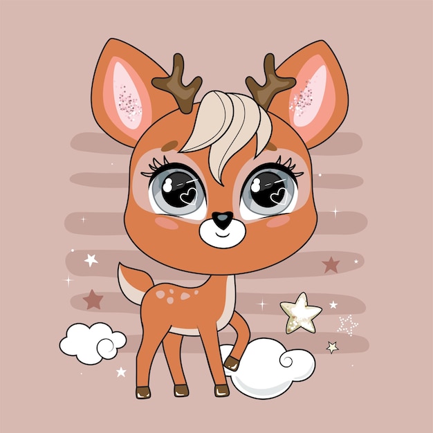 Vector adorable little deer character over background with decorative elements