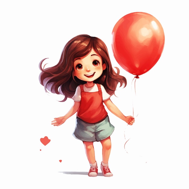 L'adorabile bambina tiene in mano un'illustrazione ad acquerello con palloncino rosso