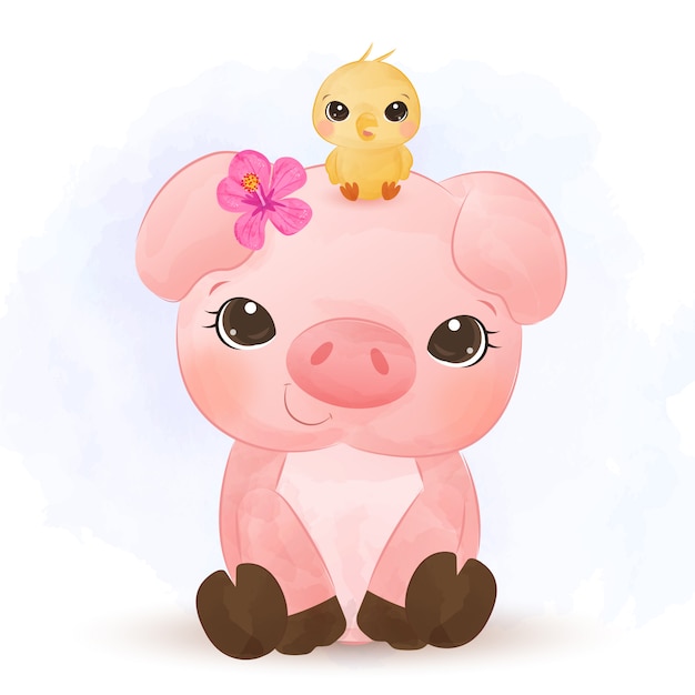 Kit Digital Clipart Pig Rosa em Aquarela - 8 Pngs