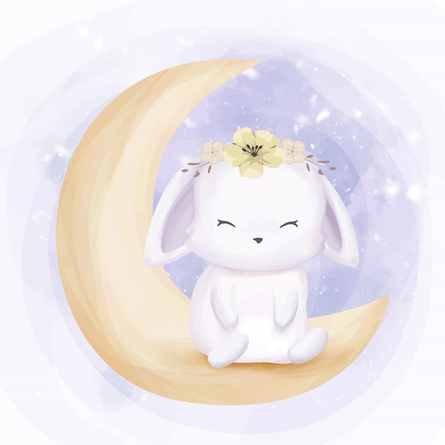 Adorable Little Rabbit Sit on Moon