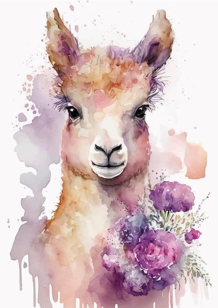 Adorable llama watercolor design in shades of purple and pink