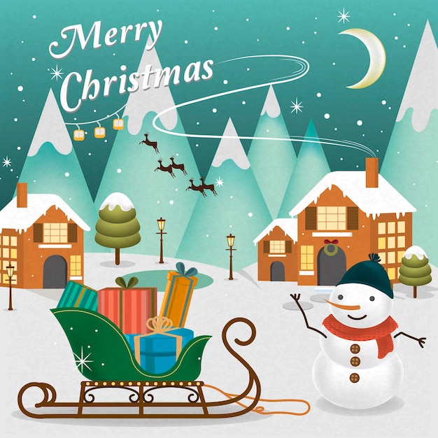 Adorable merry christmas scenery with snowman waving his hand